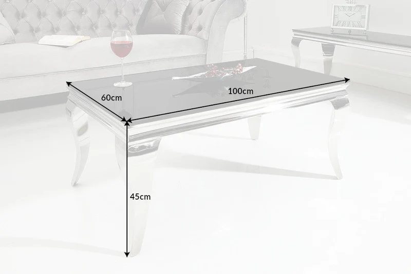Table basse élégante MODERN BAROQUE 100cm argent avec verre opale noir