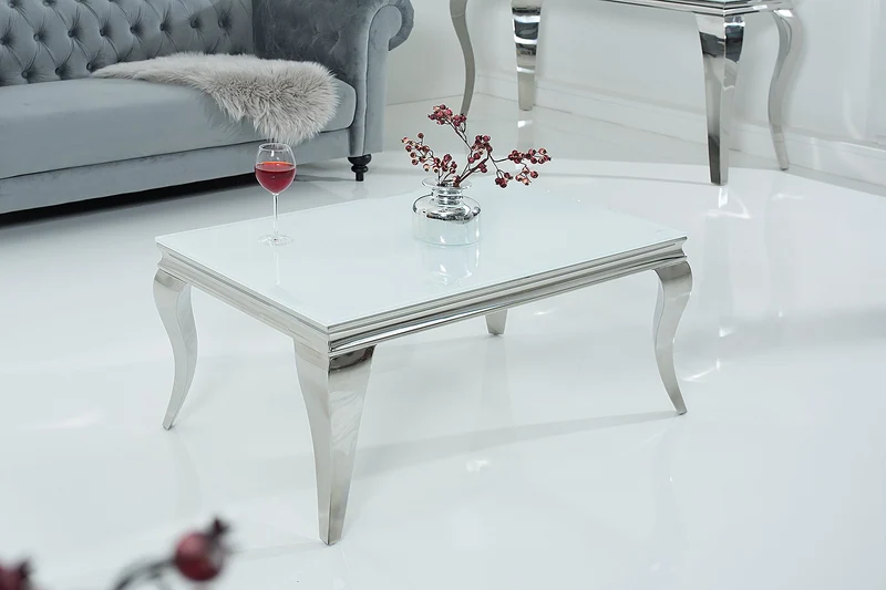 Élégante table basse MODERN BAROQUE 100cm argent avec verre opale blanc