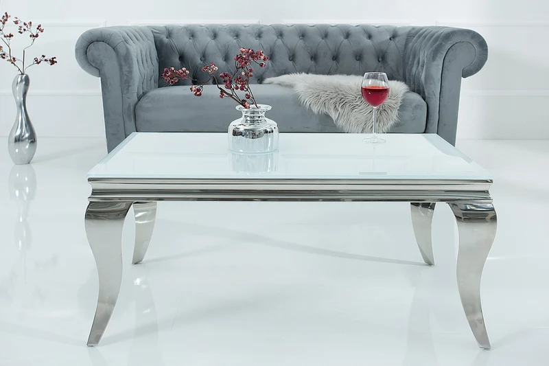 Élégante table basse MODERN BAROQUE 100cm argent avec verre opale blanc