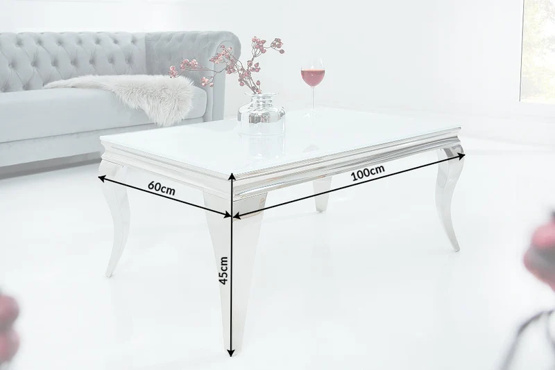 Élégante table basse MODERN BAROQUE 100cm argent avec verre opale blanc