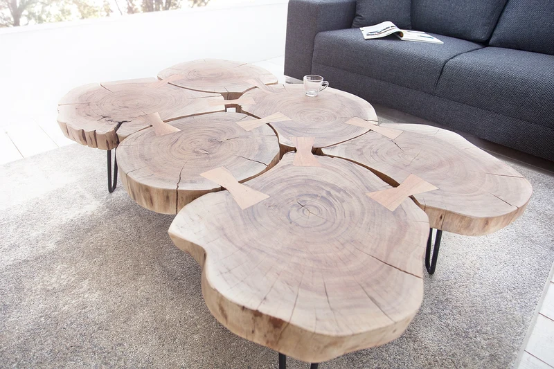 Table basse design GOA 110cm tronc d'acacia tranches 4cm plateau bois massif