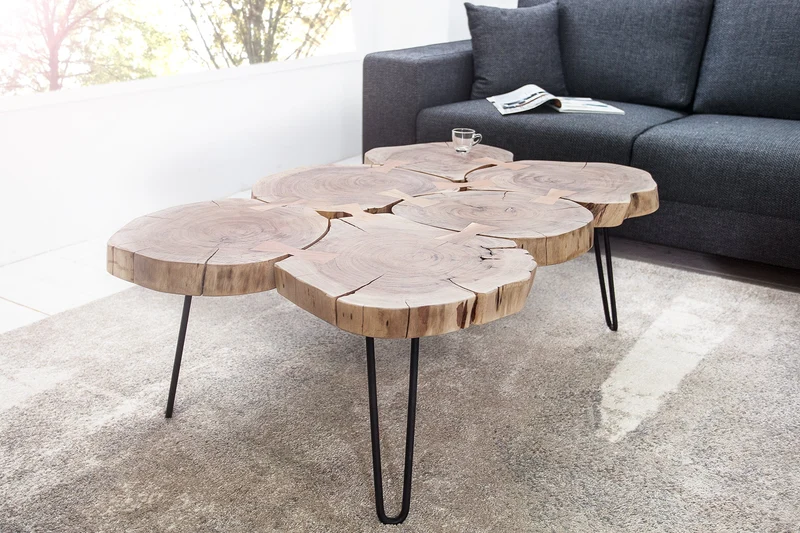 Table basse design GOA 110cm tronc d'acacia tranches 4cm plateau bois massif