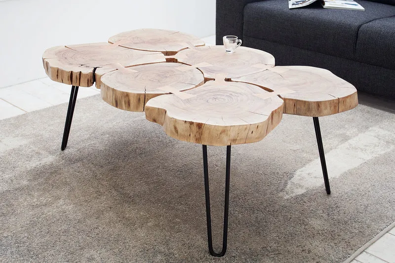 Table basse design GOA 110cm tronc d'acacia tranches 4cm plateau bois massif