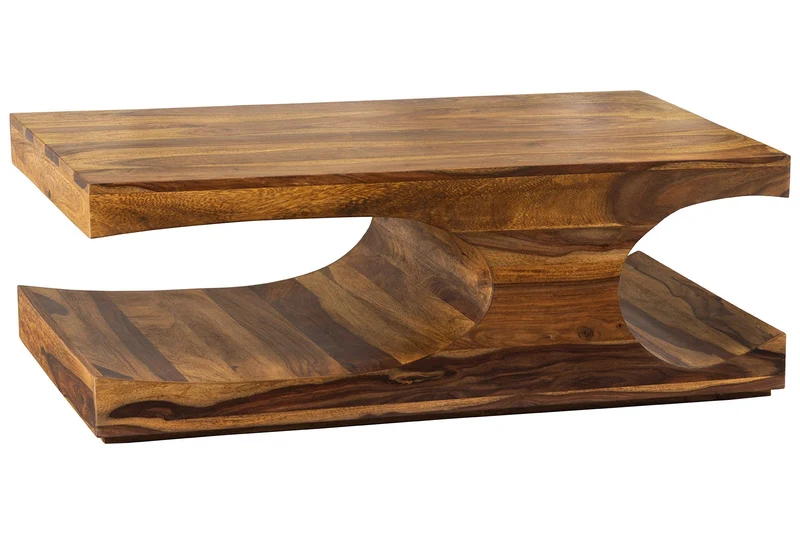 Table basse design CUBUS 120cm en bois massif Sheesham marron finition pierre avec rangements