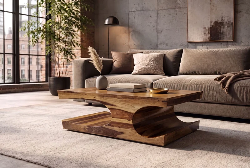 Table basse design CUBUS 120cm en bois massif Sheesham marron finition pierre avec rangements