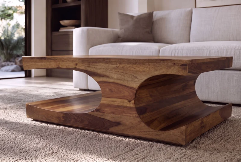 Table basse design CUBUS 120cm en bois massif Sheesham marron finition pierre avec rangements