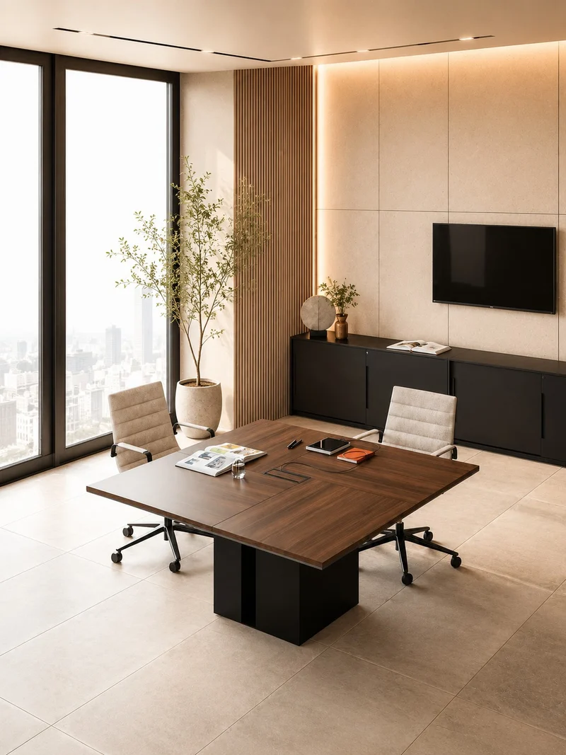 Table de Réunion Design ONO Placage Bois Noyer avec Top Access