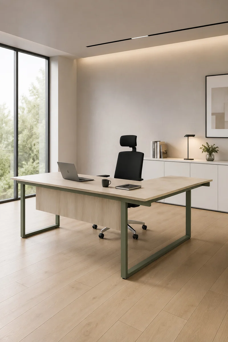 Bureau de Direction Design Be.1 Frezza finition Bois & Gris Sauge avec Retour