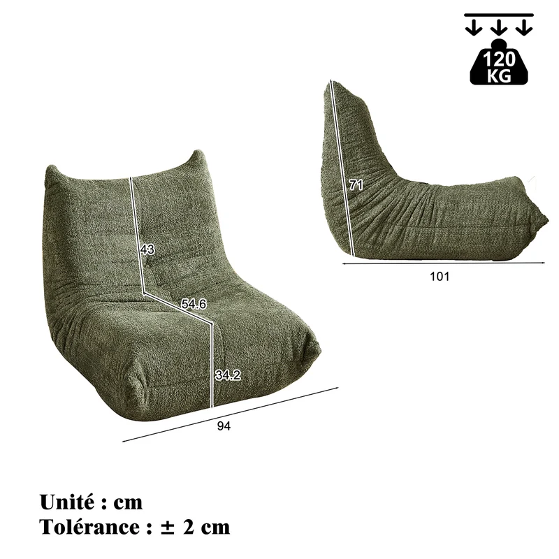 Fauteuil style Togo vert chenille, fauteuil de sol sans cadre ergonomique