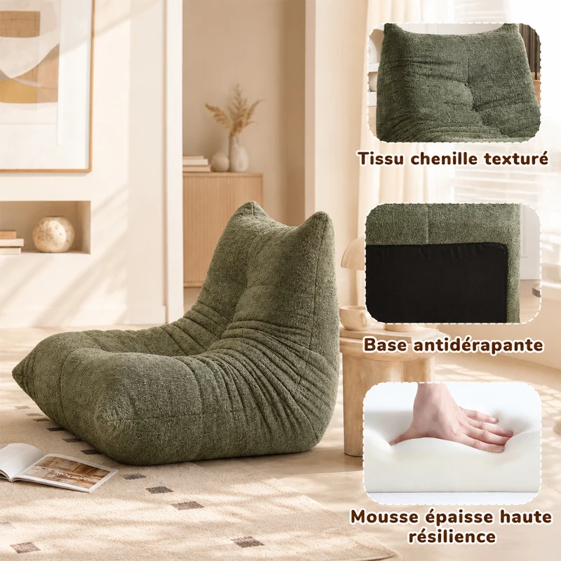 Fauteuil style Togo vert chenille, fauteuil de sol sans cadre ergonomique