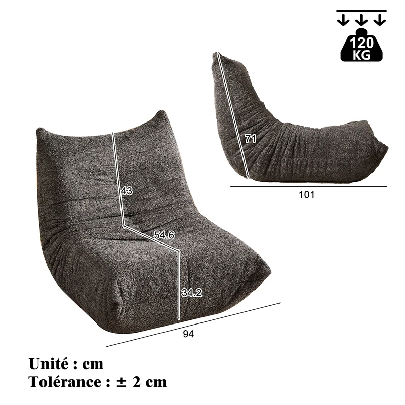 Fauteuil style Togo gris chenille, fauteuil de sol sans cadre ergonomique