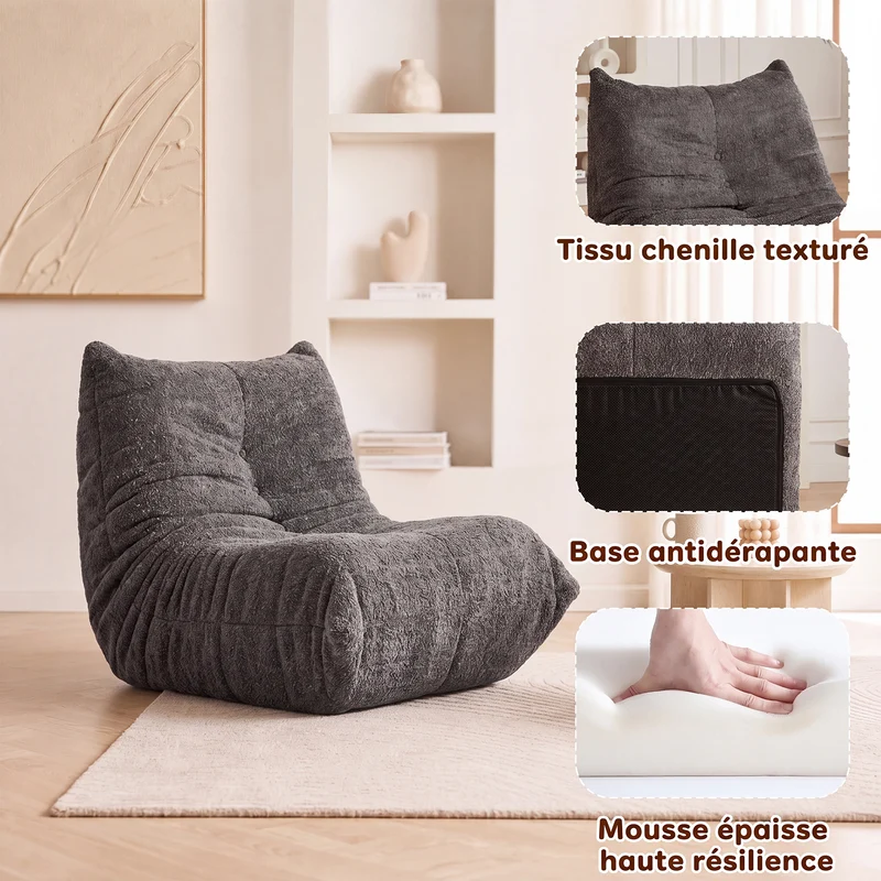 Fauteuil style Togo gris chenille, fauteuil de sol sans cadre ergonomique