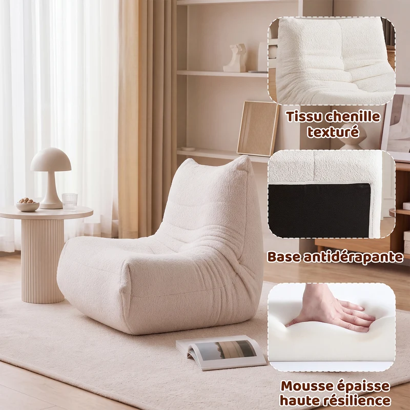 Fauteuil style Togo beige chenille, fauteuil de sol sans cadre ergonomique