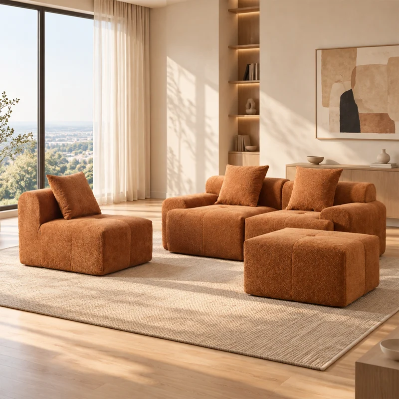 Canapé d’angle modulaire orange 3 places avec pouf