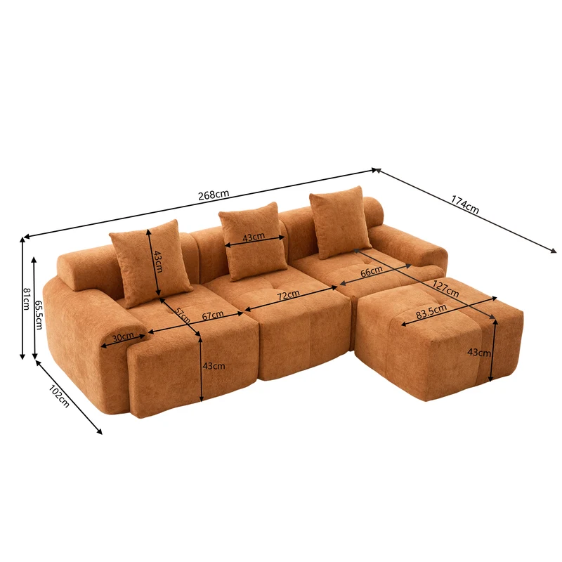 Canapé d’angle modulaire orange 3 places avec pouf