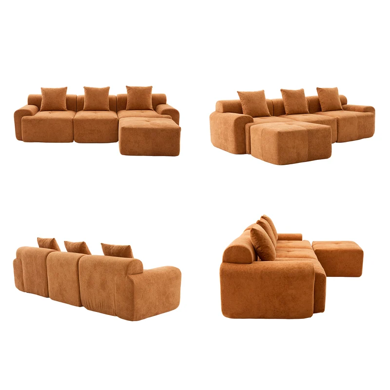 Canapé d’angle modulaire orange 3 places avec pouf