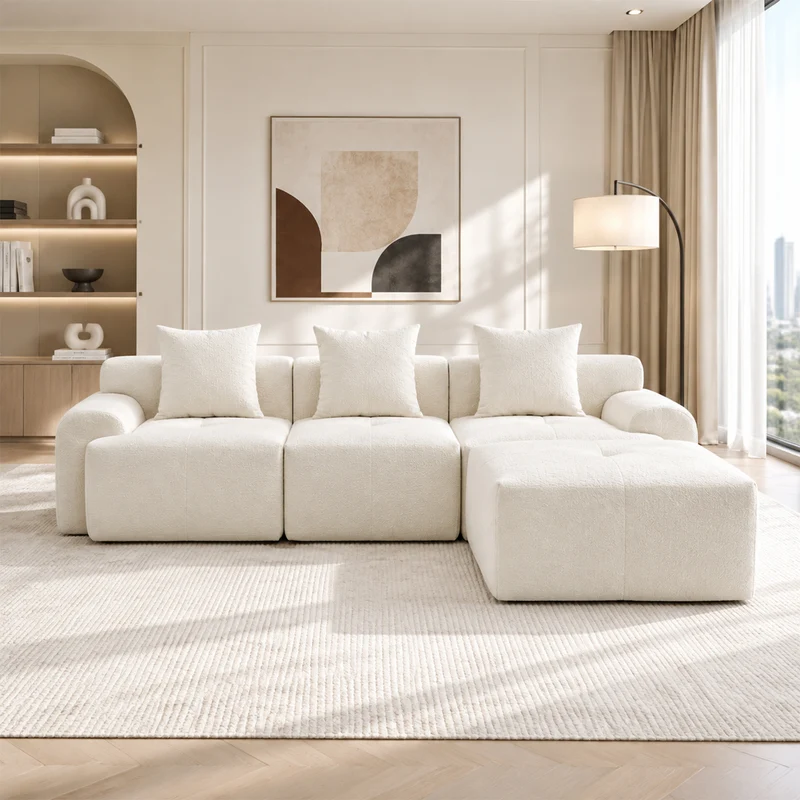 Canapé d’angle modulaire beige 3 places avec pouf