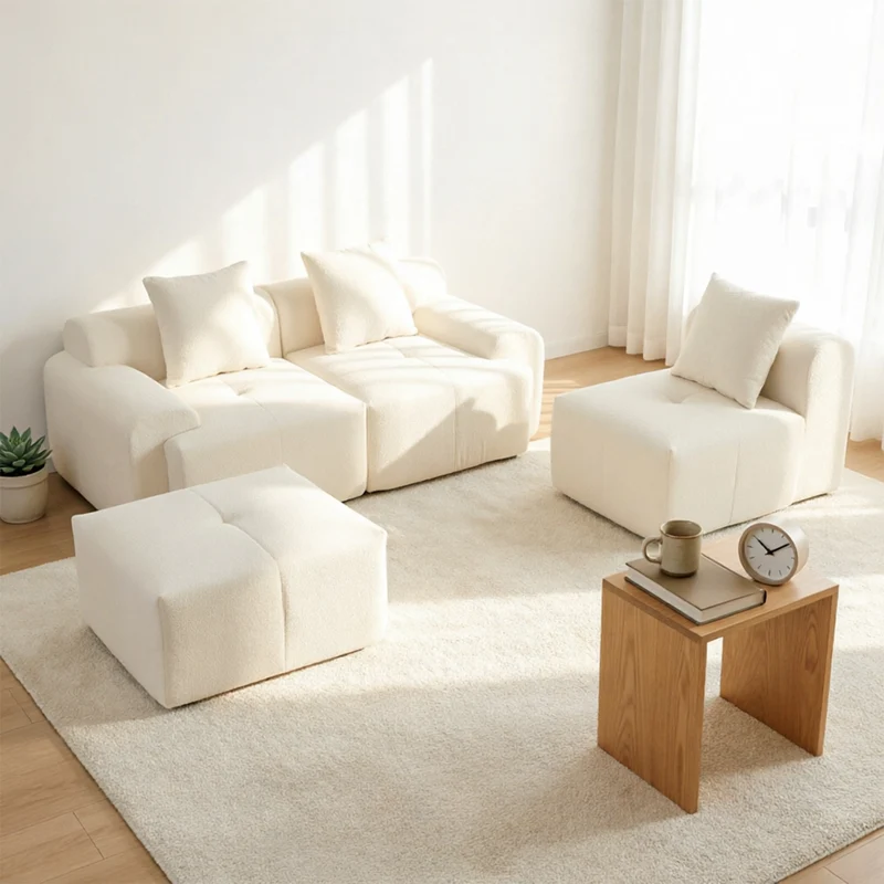 Canapé d’angle modulaire beige 3 places avec pouf