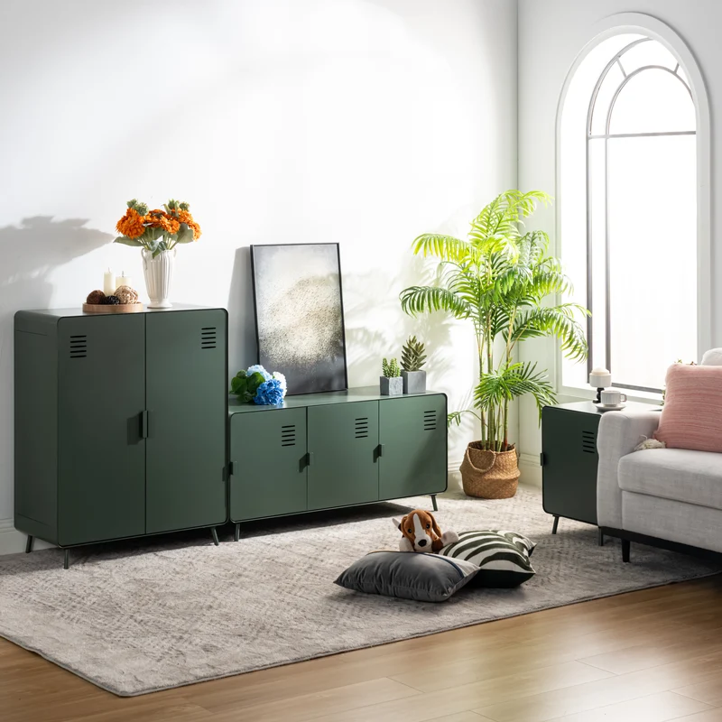 Armoire/Casier métallique vert au style industriel avec étagères et 2 portes - WALNUT