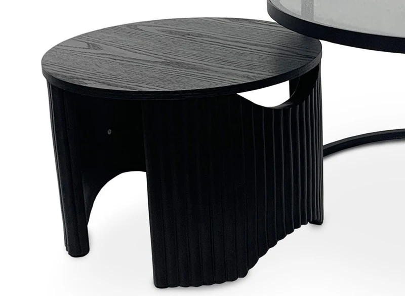 Lot de 2 tables basses rondes gigognes en verre et bois noir TAYRON