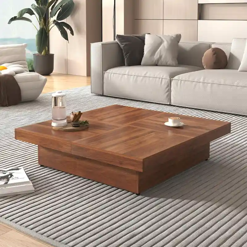 Table basse carrée en marbre (placage) de 39,4 po avec rangement supérieur coulissant