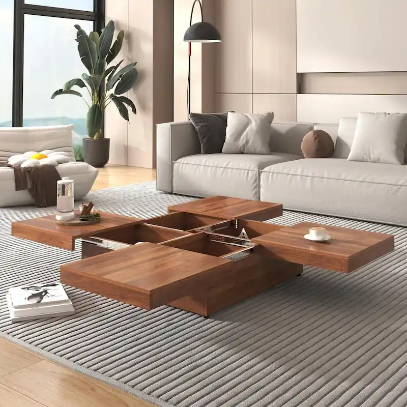 Table basse carrée en marbre (placage) de 39,4 po avec rangement supérieur coulissant