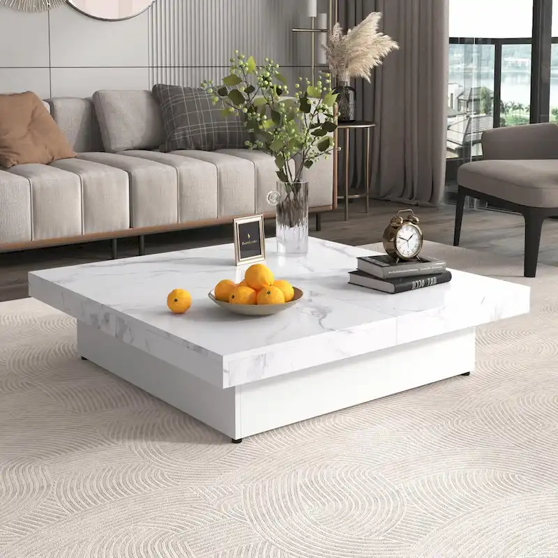 Table basse carrée en marbre (placage) de 39,4 po avec rangement supérieur coulissant