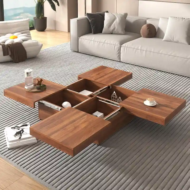 Table basse carrée en marbre (placage) de 39,4 po avec rangement supérieur coulissant