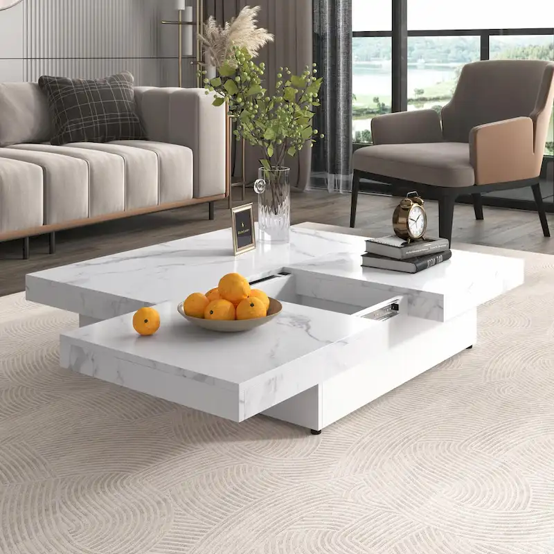 Table basse carrée en marbre (placage) de 39,4 po avec rangement supérieur coulissant
