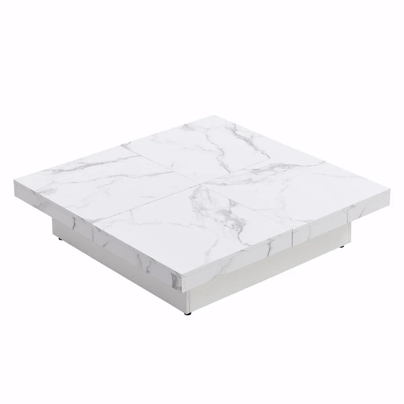Table basse carrée en marbre (placage) de 39,4 po avec rangement supérieur coulissant