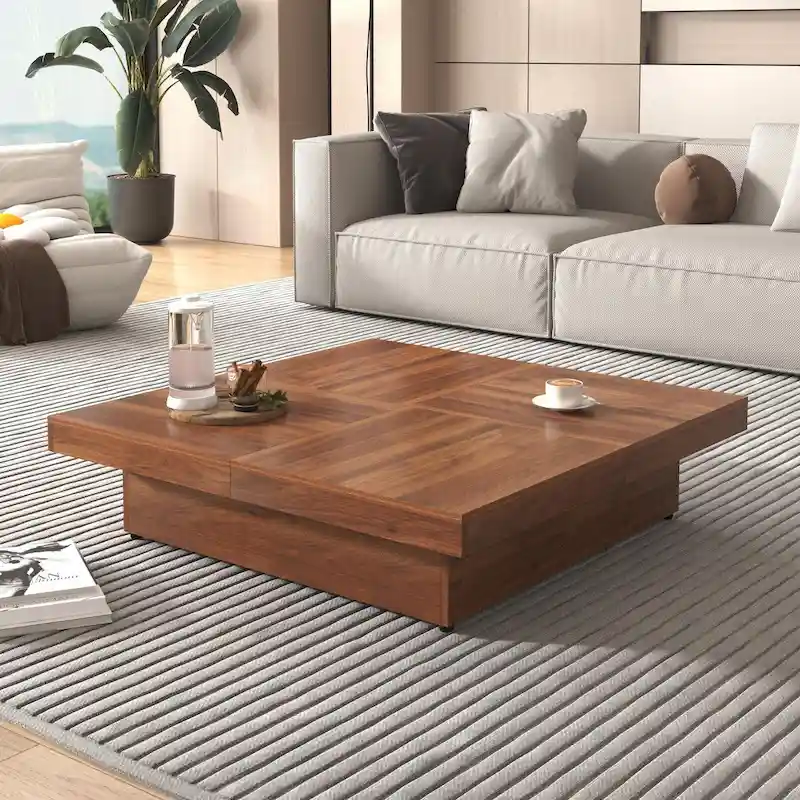 Table basse carrée en marbre (placage) de 39,4 po avec rangement supérieur coulissant