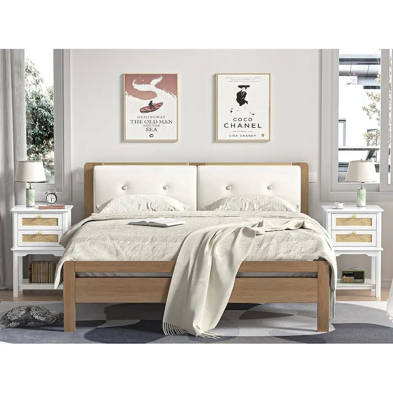 Table de chevet moderne de 71 cm de haut avec 2 tiroirs, en bois et rotin, avec étagère de rangement pour chambre à coucher, couleur blanche