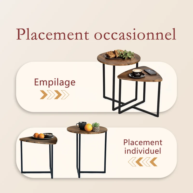 Lot de 2 tables basses gigognes style vintage et industriel en métal noir et bois imitation bois - LAYA VINTAGE