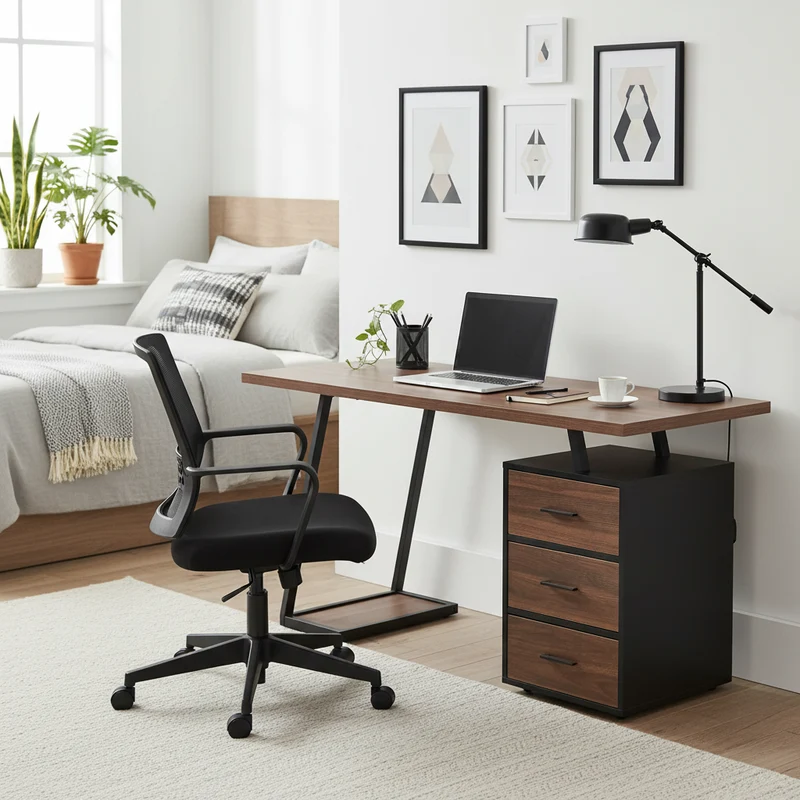 Bureau industriel en bois avec 3 tiroirs et rangements