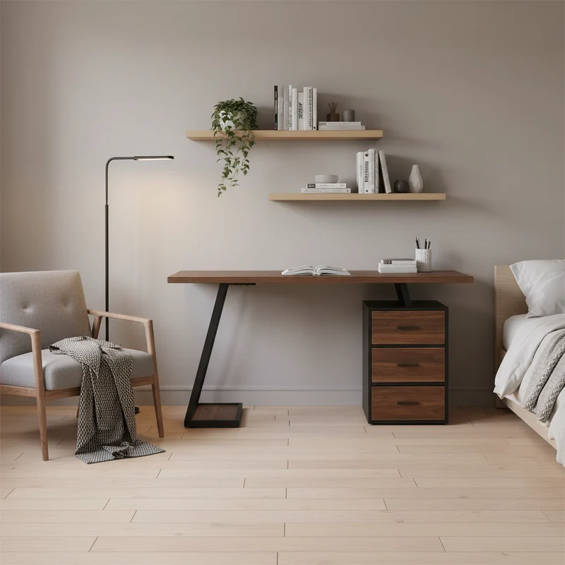 Bureau industriel en bois avec 3 tiroirs et rangements