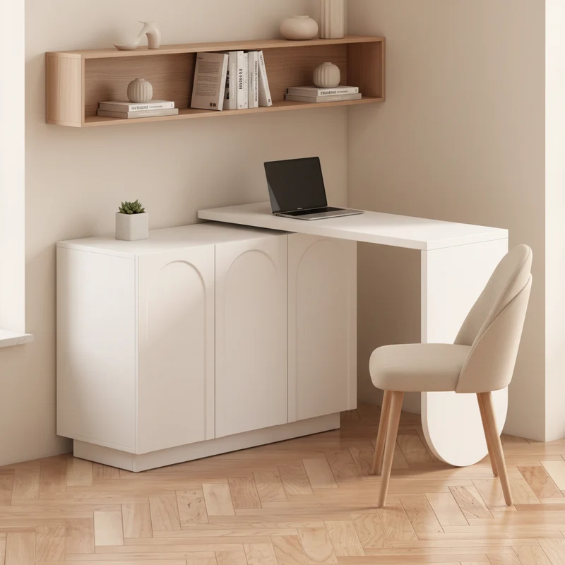 Bureau d'angle pivotant blanc en forme de L avec 3 placards de rangement