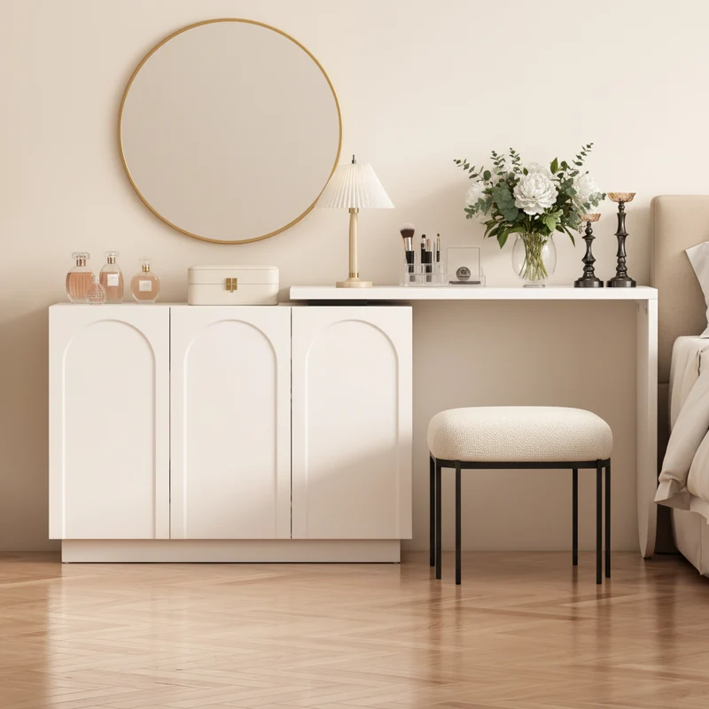 Bureau d'angle pivotant blanc en forme de L avec 3 placards de rangement