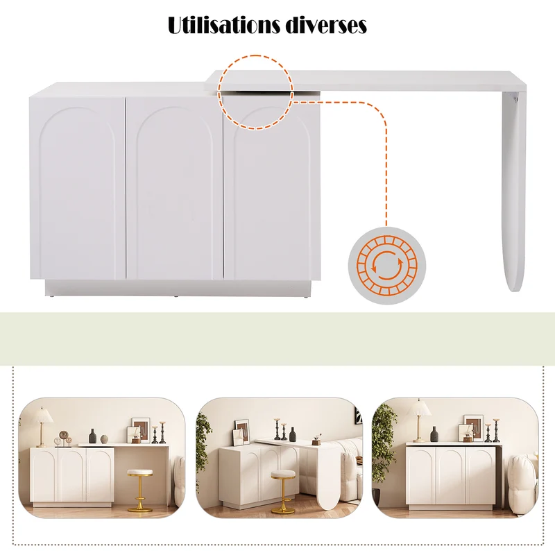 Bureau d'angle pivotant blanc en forme de L avec 3 placards de rangement