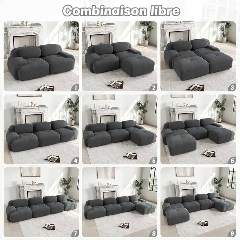 Ensemble de canapés avec accoudoirs incurvés et base antidérapante en tissu velours côtelé doux pour le salon, gris, siège 3 + tabouret 2