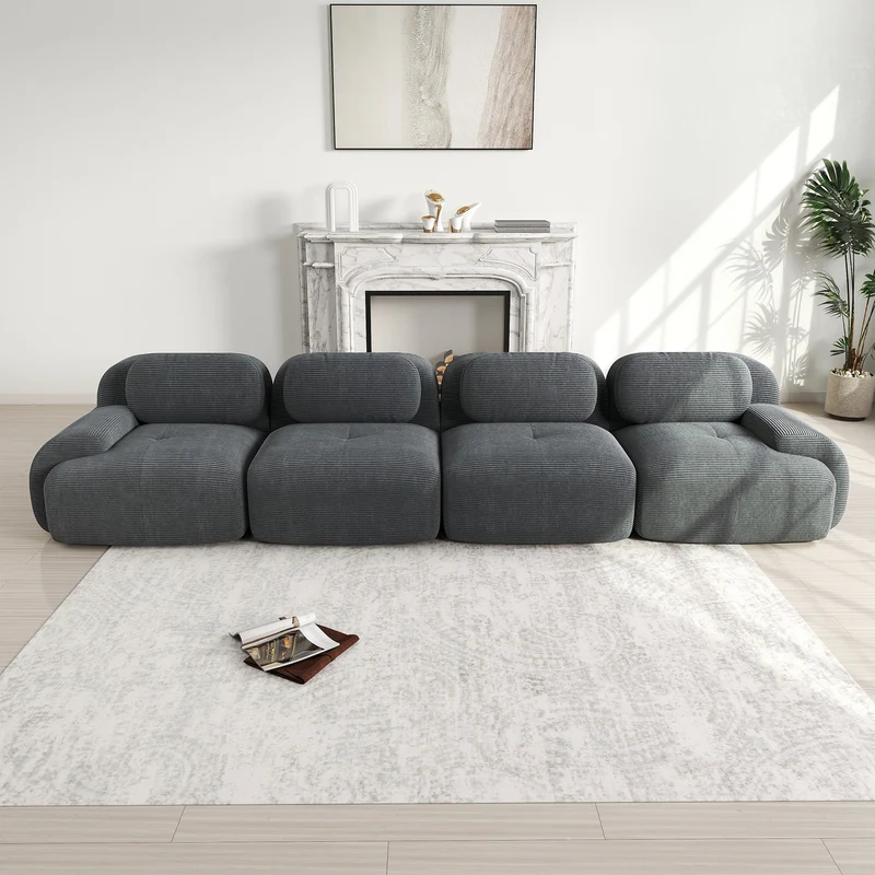 Ensemble de canapés avec accoudoirs incurvés et base antidérapante en tissu velours côtelé doux pour le salon, gris, siège 4