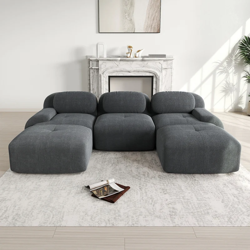 Ensemble de canapés avec accoudoirs incurvés et base antidérapante en tissu velours côtelé doux pour le salon, gris, siège 3 + tabouret 2