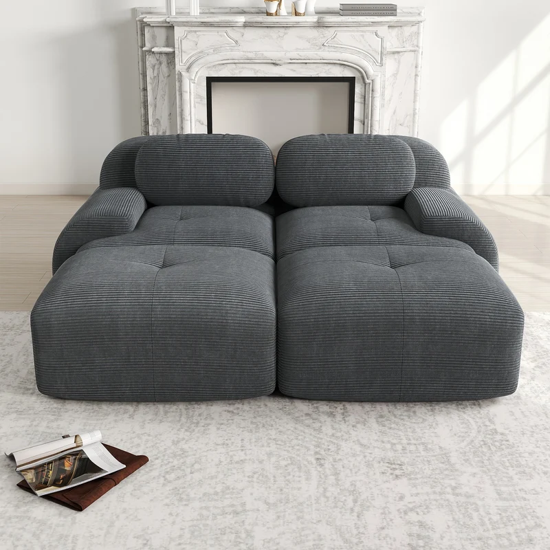 Ensemble de canapés avec accoudoirs incurvés et base antidérapante en tissu velours côtelé doux pour le salon, gris, siège 2 + tabouret 2