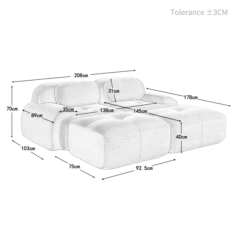 Ensemble de canapés avec accoudoirs incurvés et base antidérapante en tissu velours côtelé doux pour le salon, gris, siège 2 + tabouret 2
