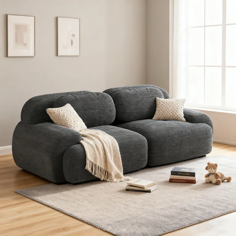 Ensemble de canapés avec accoudoirs incurvés et base antidérapante en tissu velours côtelé doux pour le salon, gris, siège 2