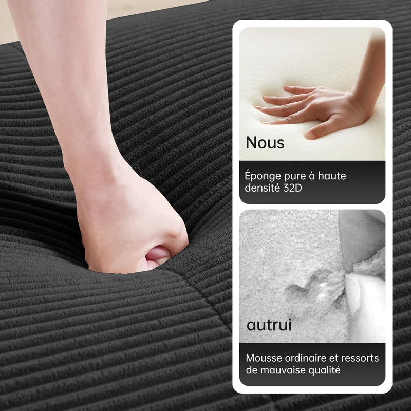 Ensemble de canapés avec accoudoirs incurvés et base antidérapante en tissu velours côtelé doux pour le salon, noir, siège 3 + tabouret 3