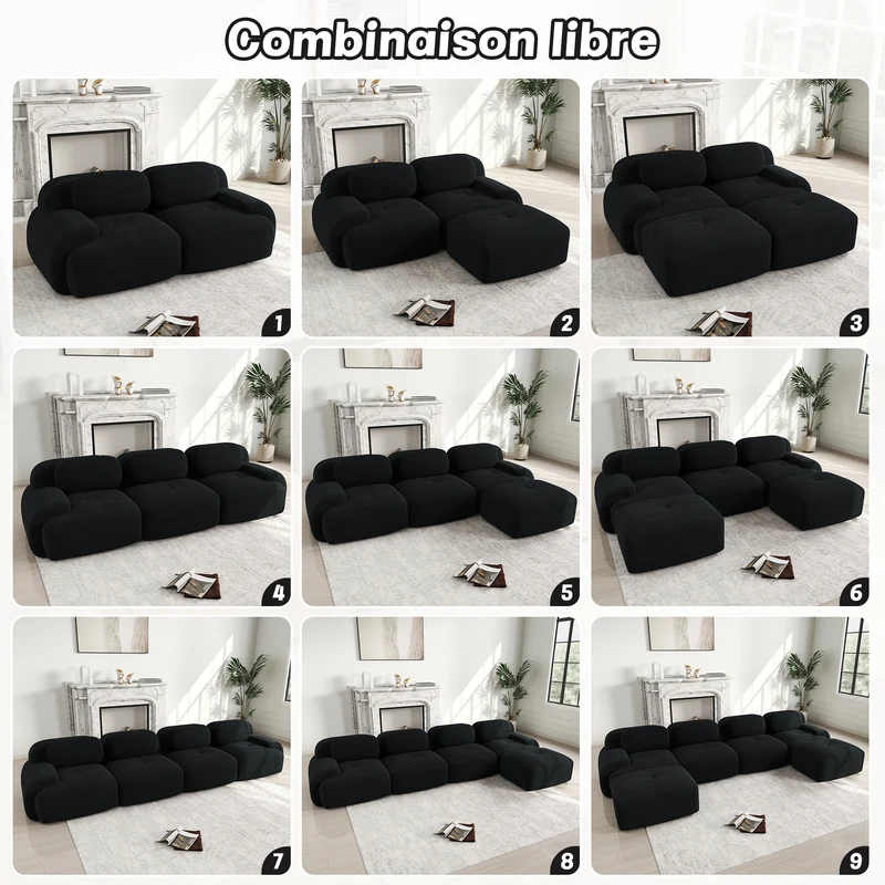 Ensemble de canapés avec accoudoirs incurvés et base antidérapante en tissu velours côtelé doux pour le salon, noir, siège 3 + tabouret 3