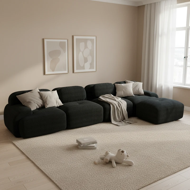 Ensemble de canapés avec accoudoirs incurvés et base antidérapante en tissu velours côtelé doux pour le salon, noir, siège 4+tabouret 1