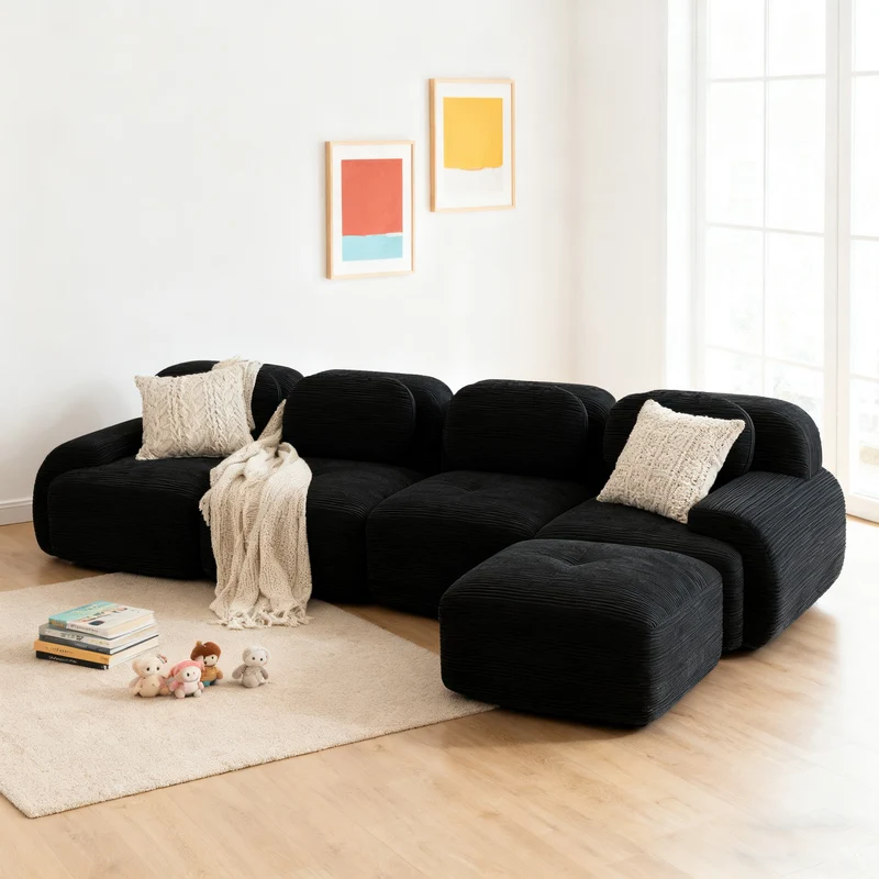 Ensemble de canapés avec accoudoirs incurvés et base antidérapante en tissu velours côtelé doux pour le salon, noir, siège 4+tabouret 1