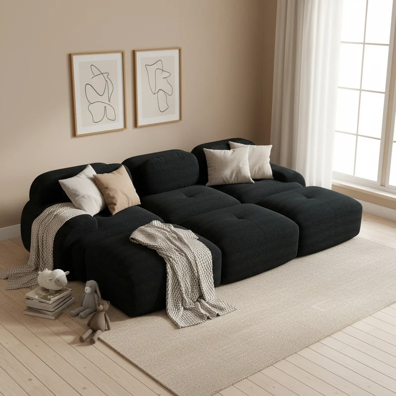 Ensemble de canapés avec accoudoirs incurvés et base antidérapante en tissu velours côtelé doux pour le salon, noir, siège 3 + tabouret 3