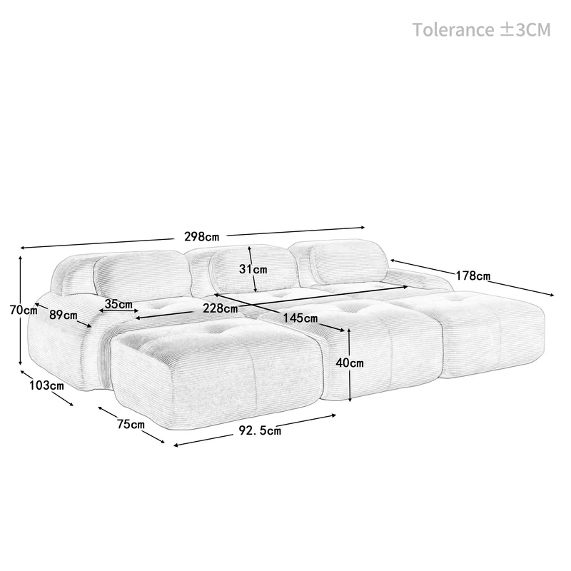 Ensemble de canapés avec accoudoirs incurvés et base antidérapante en tissu velours côtelé doux pour le salon, noir, siège 3 + tabouret 3